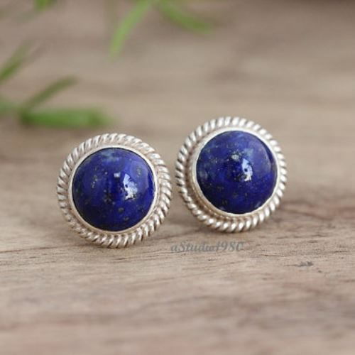 Blue lapis stud earrings for women, Cute unique stud earrings silver