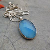 Blue pendant, Silver pendant, Oval blue chalcedony pendant necklace