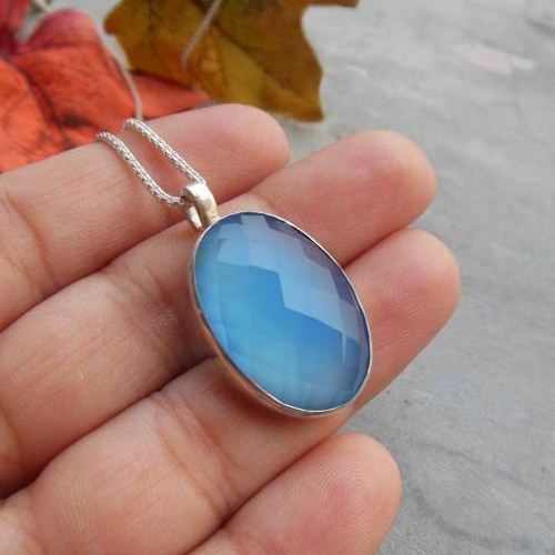 Blue pendant, Silver pendant, Oval blue chalcedony pendant necklace