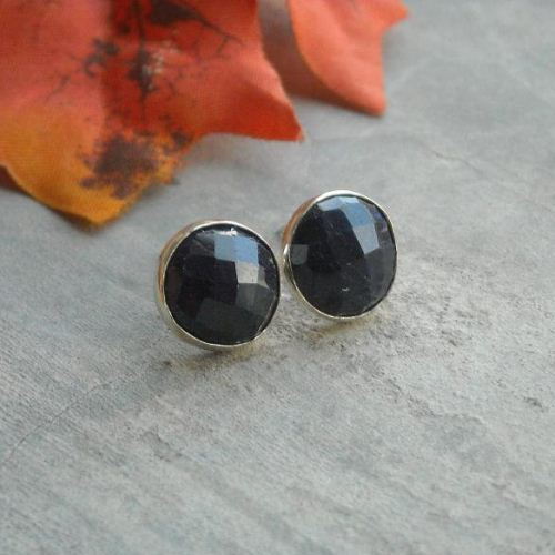 Blue sapphire earrings, 10mm stud round silver earrings