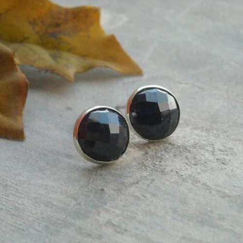 Blue sapphire earrings, 10mm stud round silver earrings