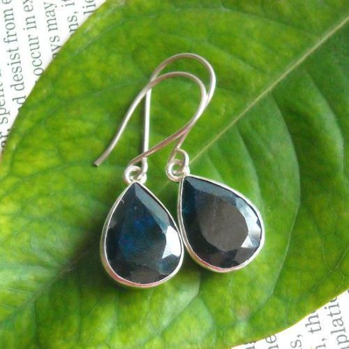 Blue sapphire earrings, Faceted tear drop silver earring, Precious jewelry