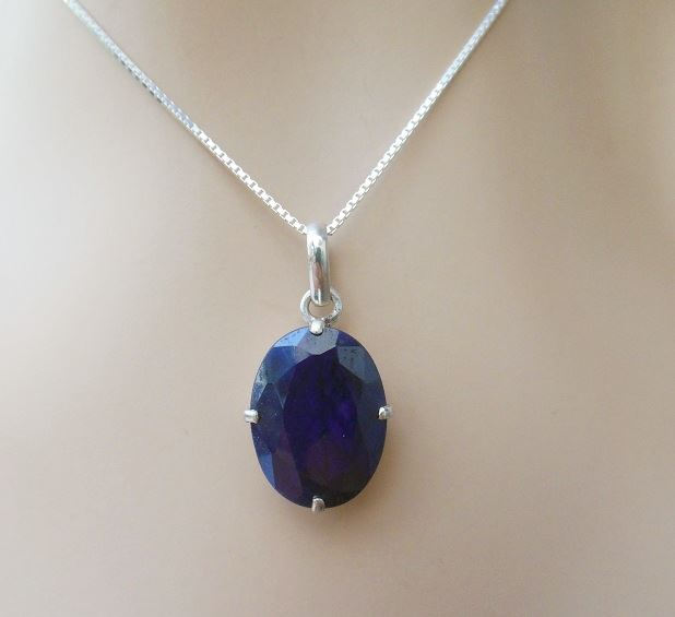 Buy Blue sapphire gemstone pendant chain silver - September birthstone ...
