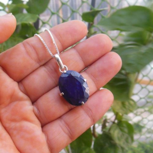 Blue sapphire gemstone pendant chain silver - September birthstone gift
