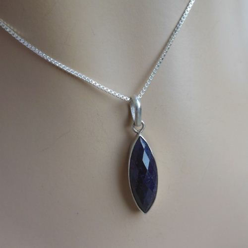 Blue sapphire pendant necklace, Silver pendant, Marquise pendant 