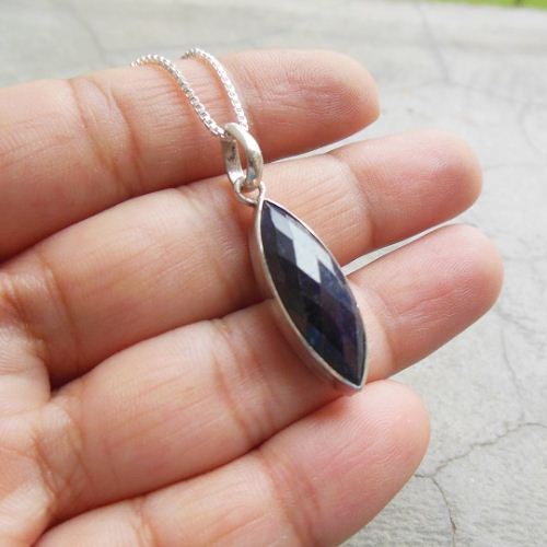 Blue sapphire pendant necklace, Silver pendant, Marquise pendant 