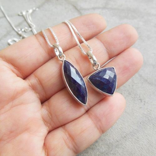 Blue sapphire pendant necklace, Blue Triangle pendant silver