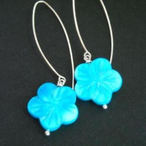 Blue sky sterling silver carved mother of pearl flower earrings