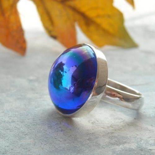 Blue vintage cab ring, Sapphire color glass silver ring