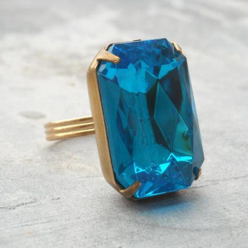 Bold blue Vintage brass golden Adjustable Cocktail Ring