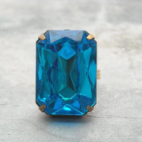 Bold blue Vintage brass golden Adjustable Cocktail Ring