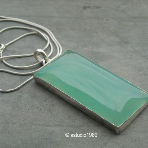 Bold rectangle chalcedony pendant necklace - Green chalcedony jewelry