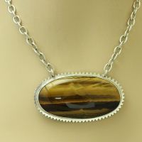 Bold tiger eye pendant, Large oval brown gemstone silver jewelry
