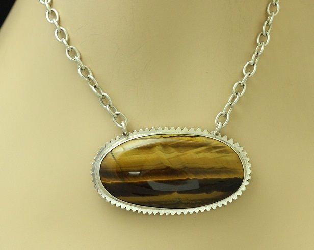 Buy Bold tiger eye pendant, Large oval brown gemstone silver jewelry ...