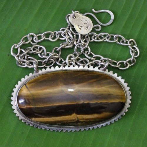Bold tiger eye pendant, Large oval brown gemstone silver jewelry