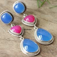 Bridal Blue pink earrings, Blue gemstone chalcedony silver earrings