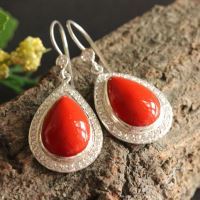 Bridal Coral silver earrings, Artisan Earrings, stone studded