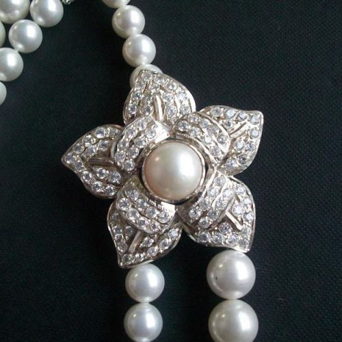 Bridal Pearl Pendant necklace - asymmetric necklace - CZ Pendant