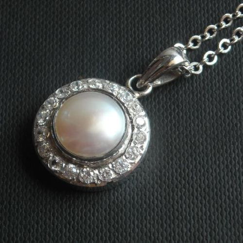 Bridal Pearl Pendant, Wedding jewellery, Silver cz pendant necklace