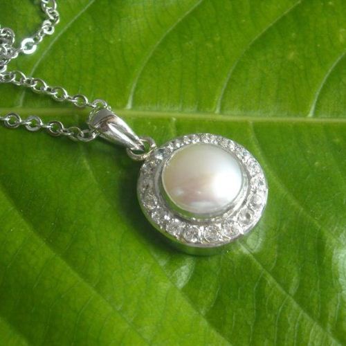 Bridal Pearl Pendant, Wedding jewellery, Silver cz pendant necklace