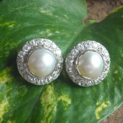 Bridal Pearl earrings, Pearl stud silver cz artisan earrings