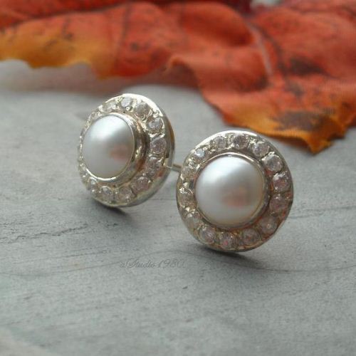 Bridal Pearl earrings, Pearl stud, Artisan cz silver earrings