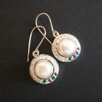 Bridal Pearl earrings, birthstone ruby, emerald artisan silver earrings