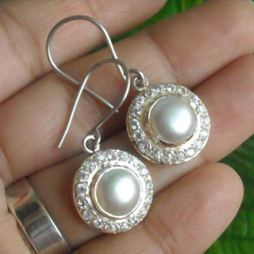 Bridal Pearl earrings, Sterling silver cz earrings, Hook earrings