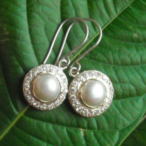 Bridal Pearl earrings, Sterling silver cz earrings, Hook earrings