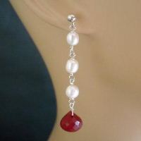 Bridal Pearl ruby post sterling Silver earrings