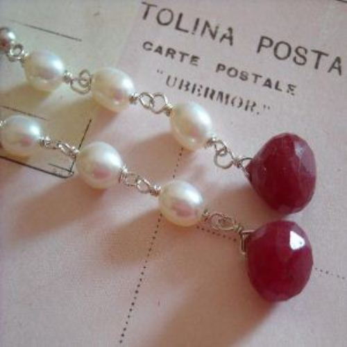 Bridal Pearl ruby post sterling Silver earrings