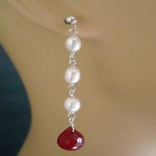 Bridal Pearl ruby post sterling Silver earrings