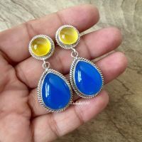 Bridal canary yellow earrings, Blue chalcedony silver earrings