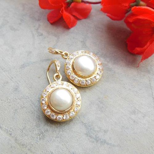 Bridal earrings - Pearl earrings - Cz earrings - Gold earrings