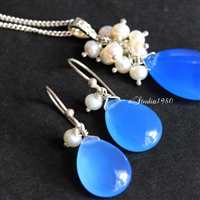 Bridal jewelry -Blue chalcedony pendant set - pearl jewelry - wed
