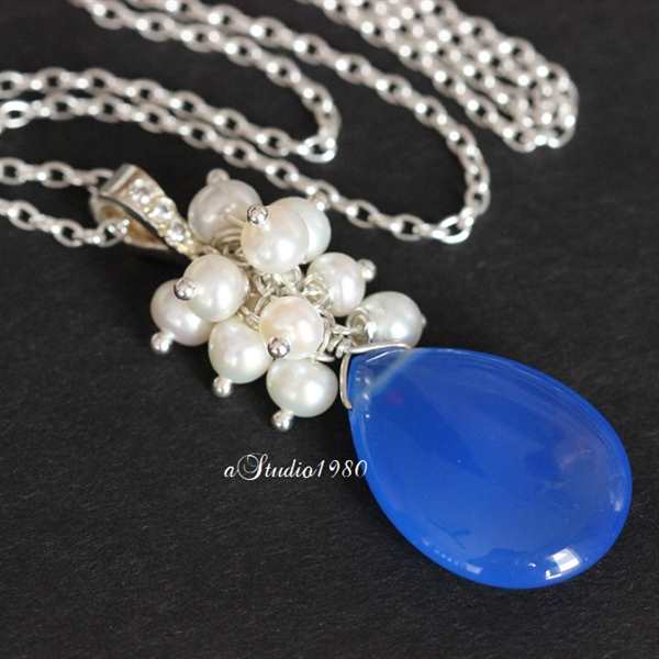 Bridal jewelry -Blue chalcedony pendant set - pearl jewelry - wed