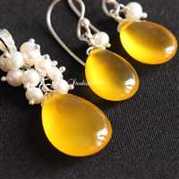 Bridal jewelry -Yellow chalcedony pendant set - pearl jewelry