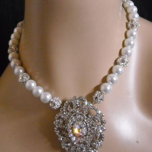 Bridal necklace earrings, Pearl necklace, Swarovski crystal necklace, Sterling silver jewelry,wedding jewelry