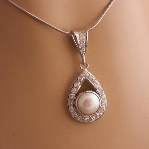Bridal pendant, Pearl pendant, Bridal silver wedding jewelry 