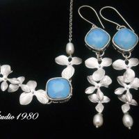Bridal set, Wedding set, Bridal orchid necklace, Blue Opal pendant, Orchid necklace, Bridal necklace earrings, Bridal jewelry