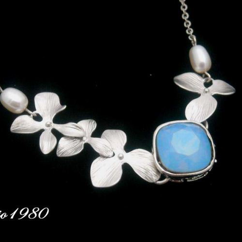 Bridal set, Wedding set, Bridal orchid necklace, Blue Opal pendant, Orchid necklace, Bridal necklace earrings, Bridal jewelry