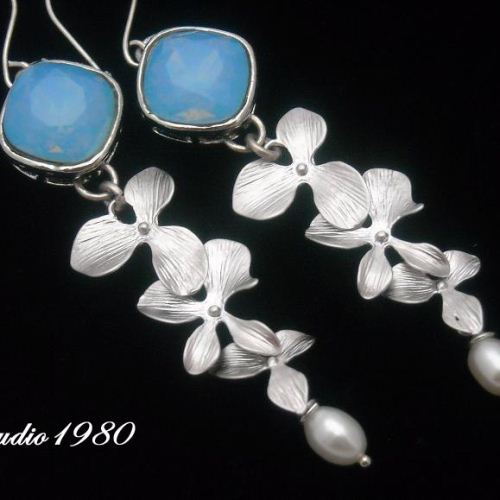 Bridal set, Wedding set, Bridal orchid necklace, Blue Opal pendant, Orchid necklace, Bridal necklace earrings, Bridal jewelry