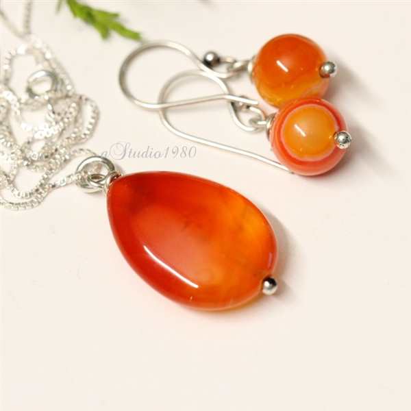 Bridesmaid gift - Orange pendant- silver jewelry set - jewelry 