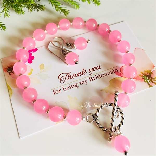 Bridesmaid gift - pink bracelet - earrings - Silver  set