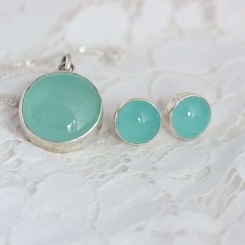 Aqua chalcedony pendant earrings set - 925 silver
