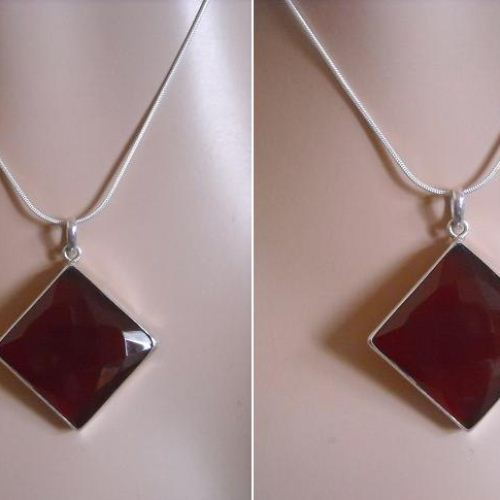 Brownish red chalcedony pendant necklace, Large square silver pendant chain