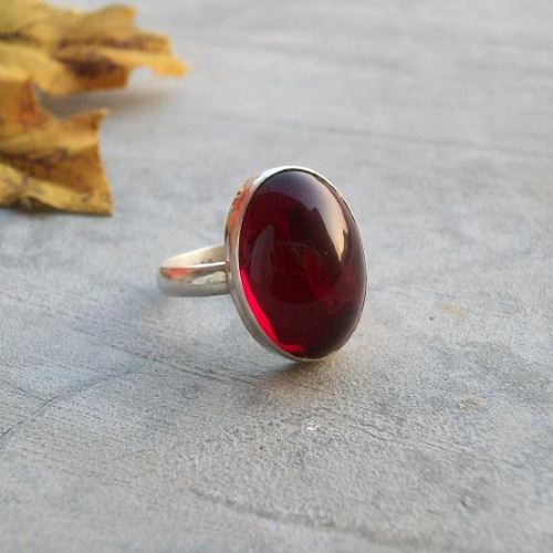 Cabochon Garnet Ring, Red jewel ring, Silver garnet ring