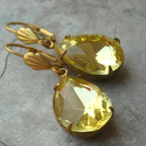 Canary jonquil vintage crystal jewel vintage brass Earrings