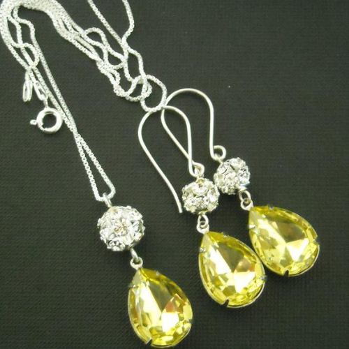 Canary yellow bridal set - Necklace earrings set - Bridal pendant