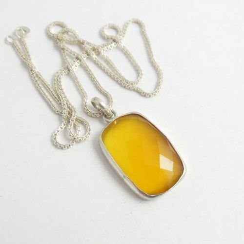 Canary yellow pendant, Rectangle pendant necklace, Silver pendant
